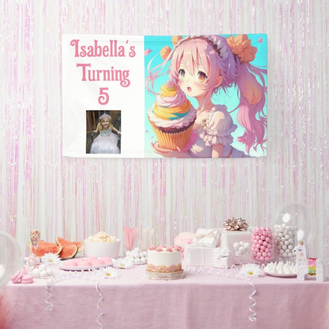 Lona Bonito personalizada Chica anime rosa y azul (Fiesta)