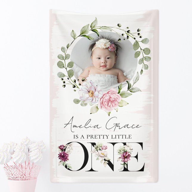 Lona Bonito Rubor Floral ONE First Birday Baby Photo (Subido por el creador)