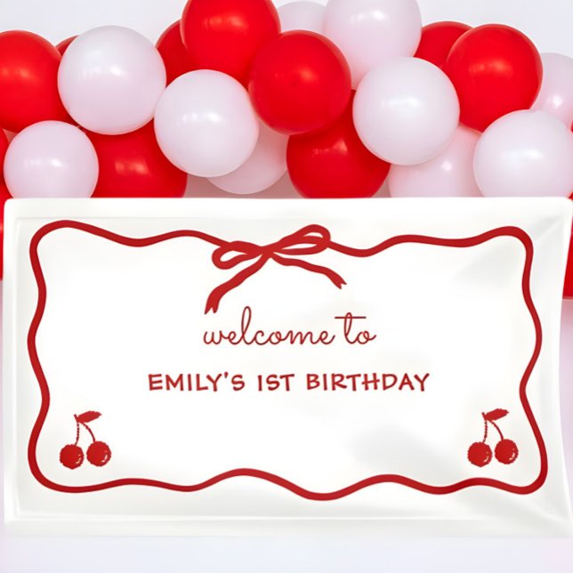 Lona Borde Ondulado Cereza Dibujada a Mano en la Parte  (Hand drawn Cherry On Top Welcome Sign, Cherry on Top Party Banner, Whimsical Cherry on Top Banner)