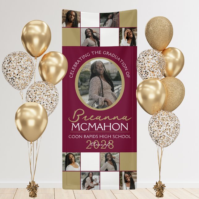Lona Borgoña y Bronce 9 Collage de fotos Graduación Vin (Burgundy and Bronze Gold 9 Photo Graduation Vinyl Hanging Banner. Indoor or Outdoor Available )