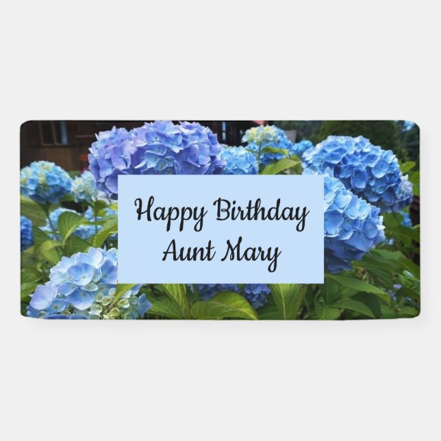 Lona Botánico Azul Hortensia Floral Cumpleaños  (Horizontal)