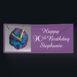 Lona Bottoms UP Purple and Grey 90th Birthday Party<br><div class="desc">Qué banner único para una fiesta de cumpleaños número 90 (o cualquier edad). Este singular banner de DIVERSIÓN está decorado con una foto de la escultura original de Jill Socolik "Bottom's UP" © 2013 Jill Socolik, bailarina de piernas sobre un tutu azul profundo y púrpura. Todos los derechos reservados ©...</div>