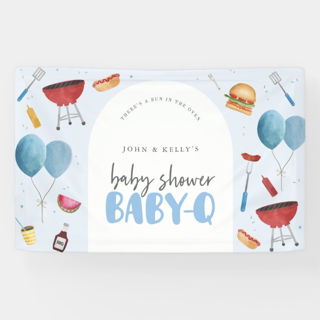 Lona Boy Baby Shower Baby-Q (BBQ) Rótulo de banner más  (Horizontal)