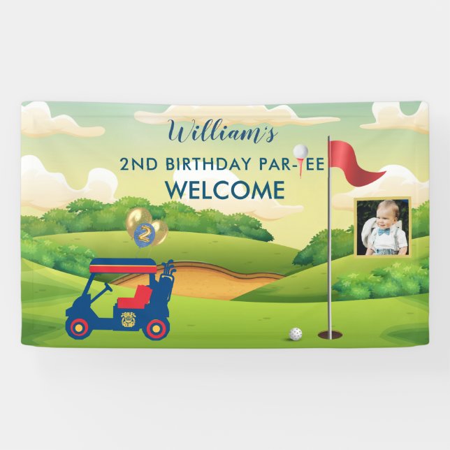Lona Boy Golf Theme Foto Fiesta del Segundo Cumpleaños (Horizontal)