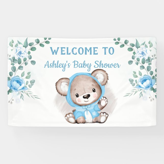 Lona Boys Blue Bear Floral Personalizado Baby Shower (Horizontal)