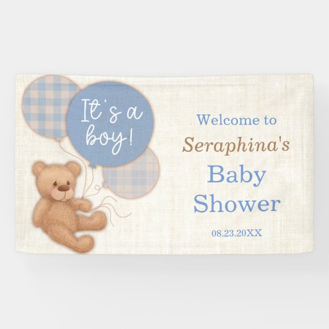 Lona Boys Blue Plaid Teddy Bear Baby Shower (Horizontal)