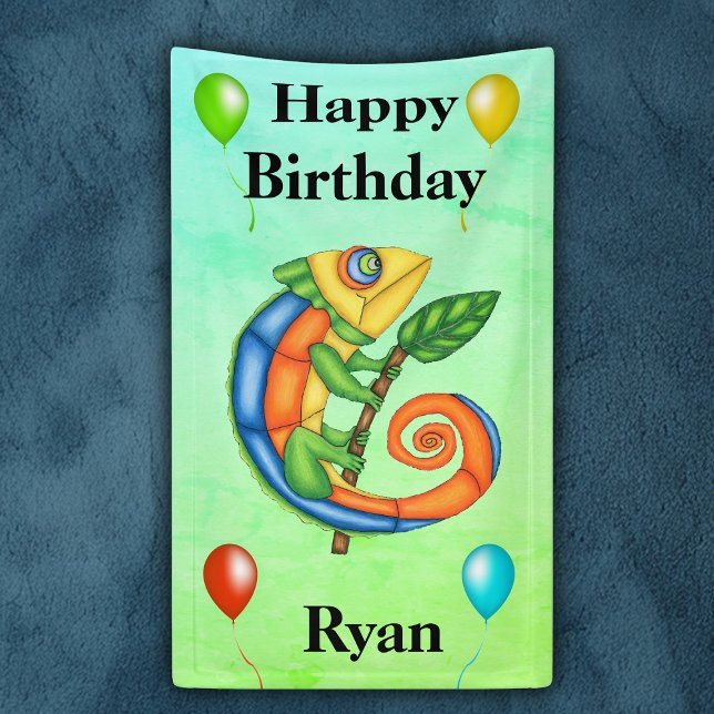Lona Brillantes Y Coloridos Nacimientos Lizard Balloons (Bright Colourful smiling lizard festive balloons streamers on kids Happy Birthday party banner.)