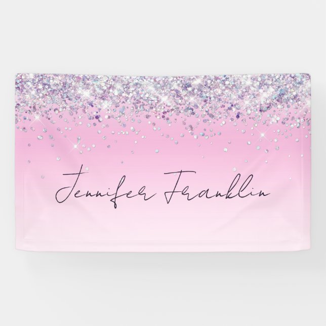 Lona Brillo holográfico destellante script rosa (Horizontal)