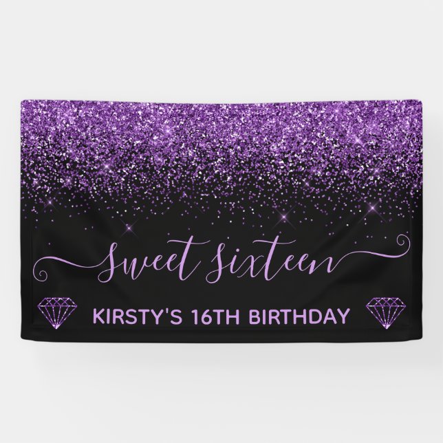 Lona Brillo Purpura Glam Sparkle Dulces Dieciséis (Horizontal)