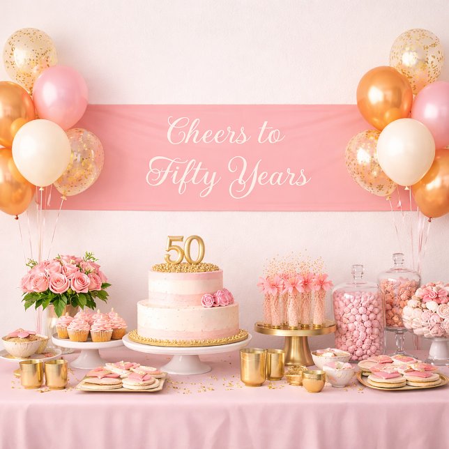 Lona Brindis por 50 Años Rosa Tostado Escritura Elegant (Pink "Cheers to 50 years" birthday party banner)