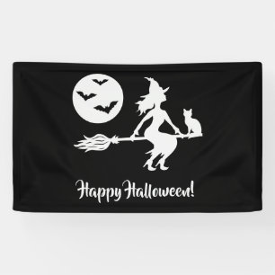Lona Bruja En Una Escoba Negra Y Blanca Feliz Halloween