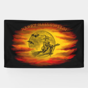 Lona Bruja voladora con gato negro, noche de halloween