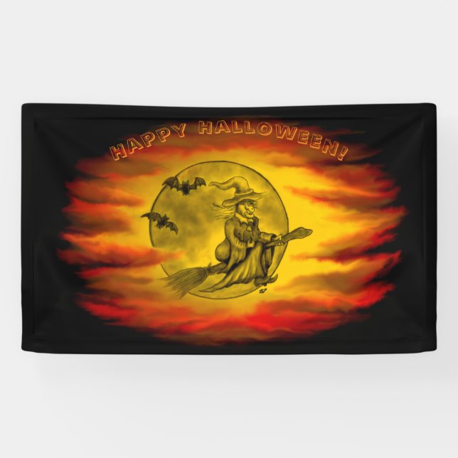 Lona Bruja voladora con gato negro, noche de halloween (Horizontal)