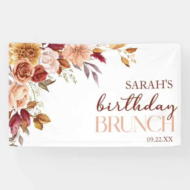 Lona Brunch de Cumpleaños Floral Naranja Quemado Borgoñ (Horizontal)