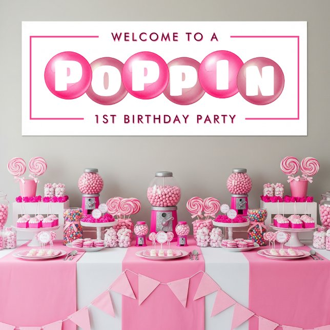 Lona Bubblegum Chica Poppin Rosado Primer Fiesta de cum (Bubblegum Pink Poppin Girl 1st Birthday Party Banner
)