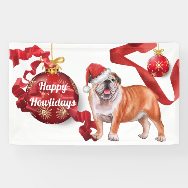 Lona Bulldog inglés con Navidades gorra bolas de árbol  (Horizontal)
