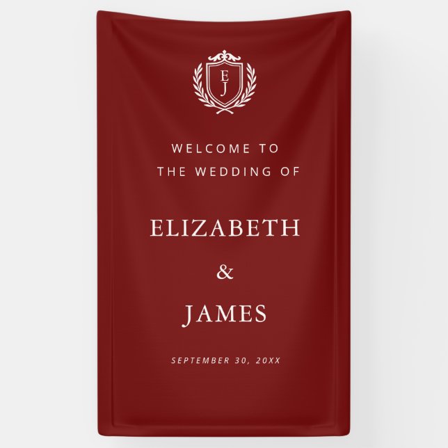 Lona Burgundy Crest Wedding Welcome, Custom Initials (Vertical)