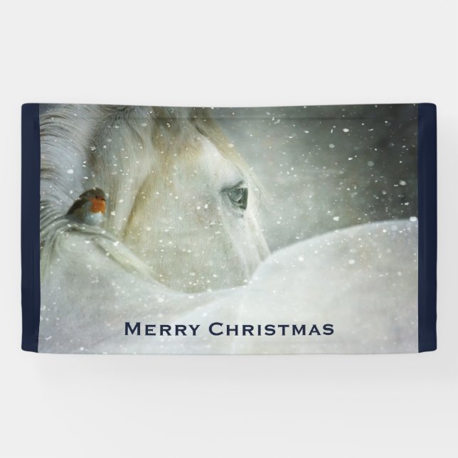 Lona Caballo blanco y pájaro en Navidades de la nevada  (Horizontal)