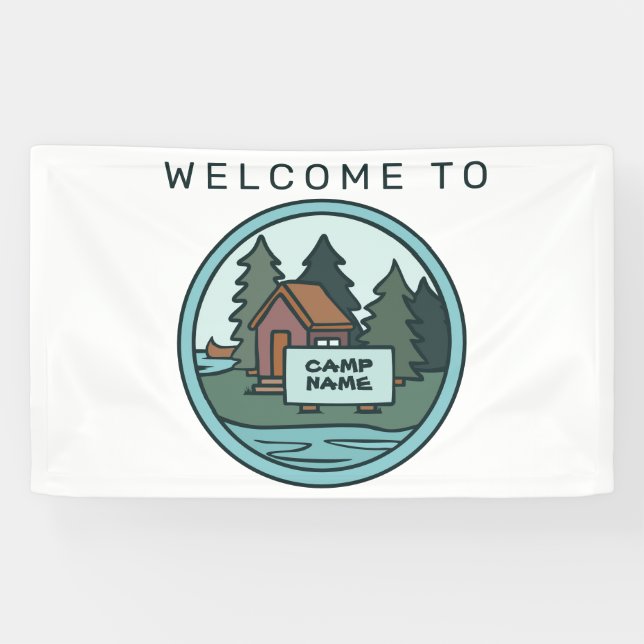 Lona Cabaña isleña del campamento juvenil con signo per (Horizontal)