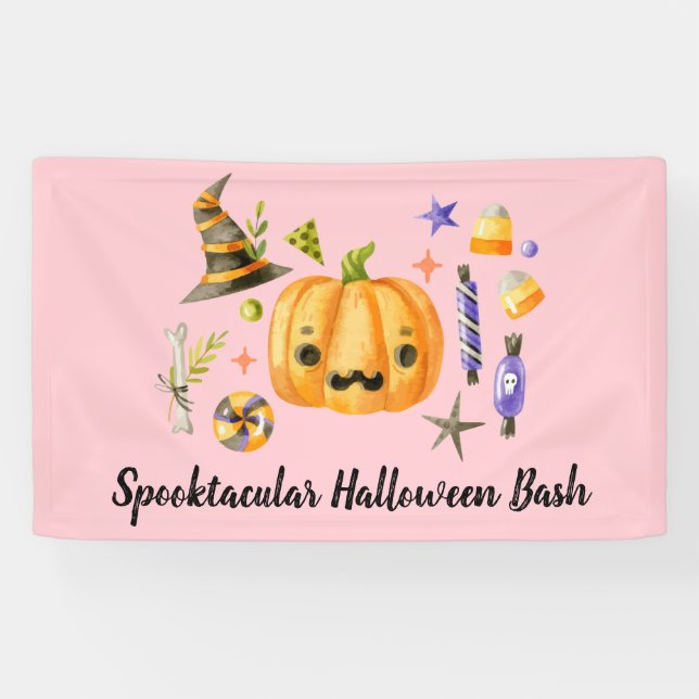 Lona Calabaza Spooktacular Halloween Bash Fiesta Rosa (Horizontal)