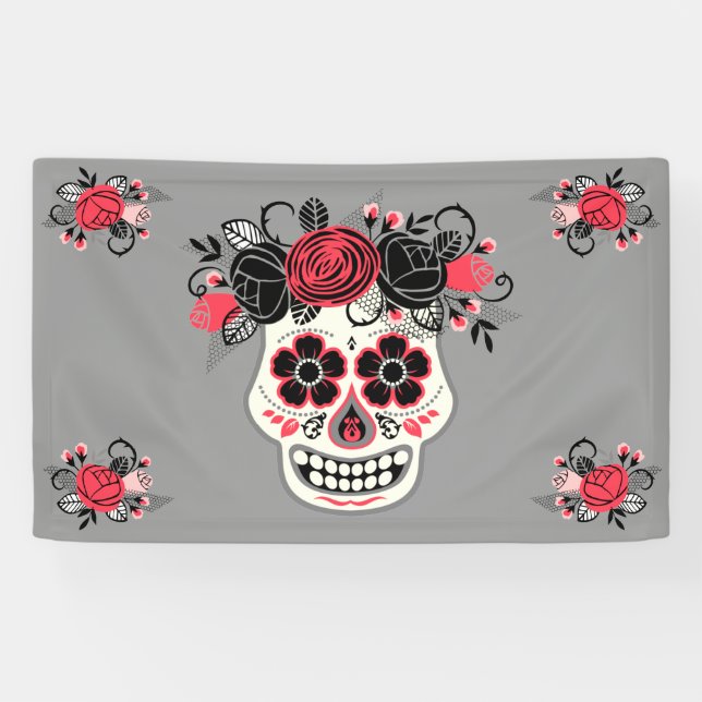 Lona Calavera de azúcar de los Muertos, gris (Horizontal)