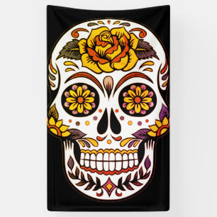 Lona Calavera de azúcar Rosa Amarilla sobre Negro