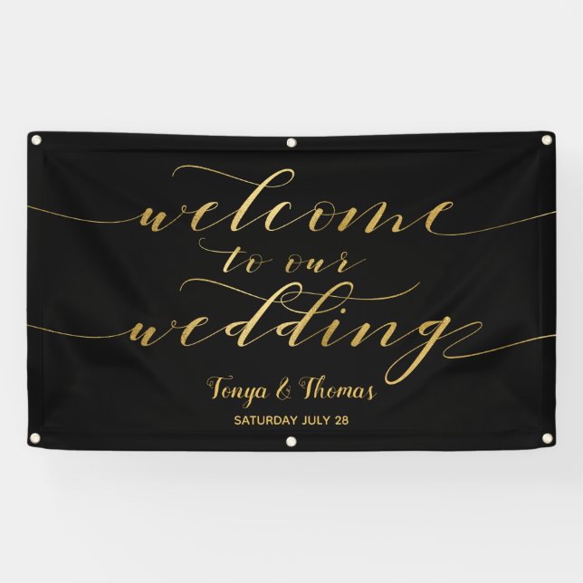 Lona Caligrafía De Oro Bienvenida Negra A Nuestro Boda (Horizontal)