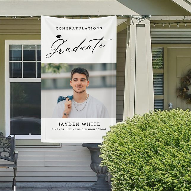 Lona Caligrafía moderna Fiesta de graduación de fotogra (Modern Calligraphy Simple Photo Graduation Party Banner)