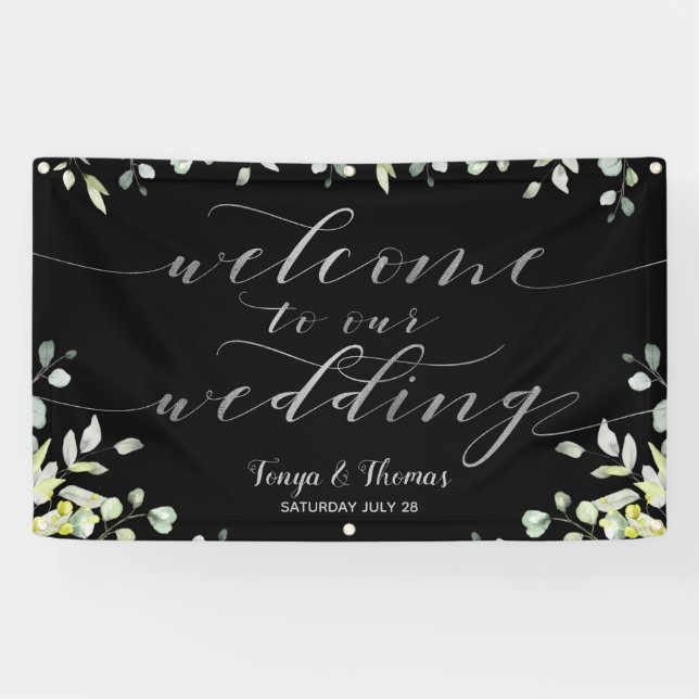 Lona Caligrafía plateada verde Boda de bienvenida negro (Horizontal)