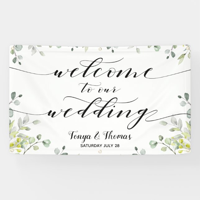 Lona Calligraphy Greenery Eucalyptus Welcome Boda (Horizontal)