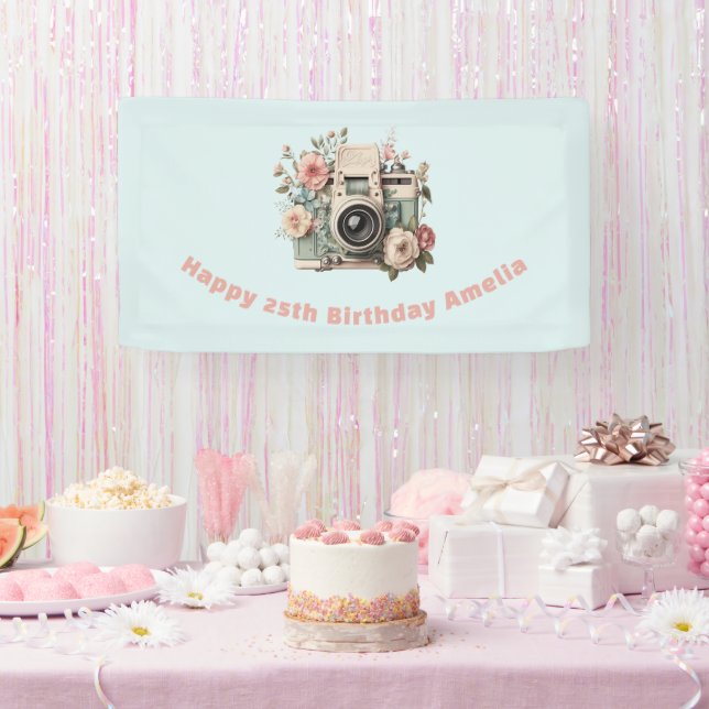 Lona Cámara con flores imagen retro pastel cumpleaños (Fiesta)