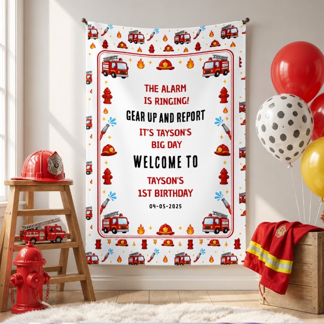 Lona Camión de Bomberos Rojo Suena la Alarma Cumpleaños (Red Firetruck Sound the Alarm Boy Birthday Banner
)