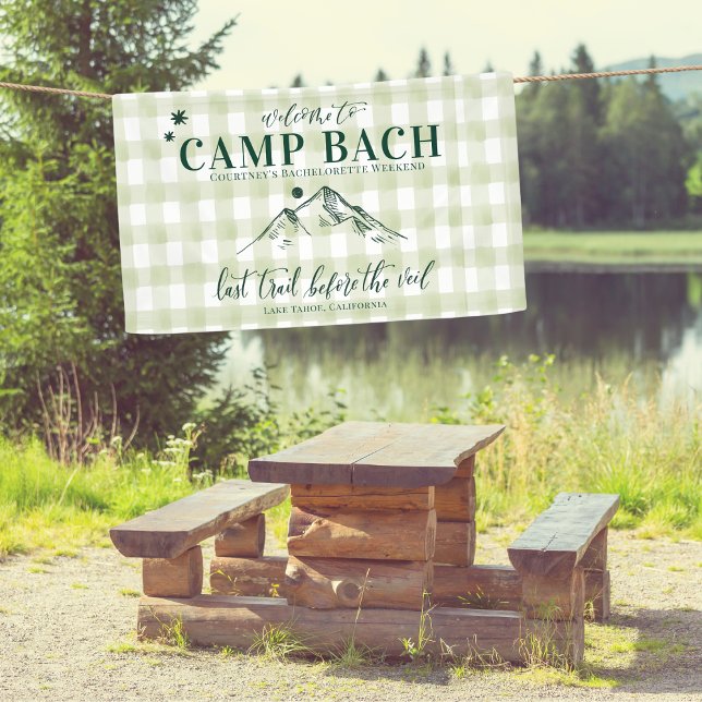 Lona CAMPAMENTO BACH-Último sendero al Banner de Bienve (CAMP BACH Welcome Banner | Rustic Mountain Design for Outdoor Bachelorette Party | Custom & Fun!)