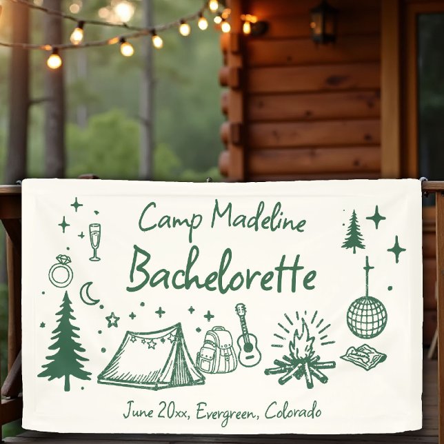 Lona Campamento Bachelorette Camping Mano dibujada en v (camp bachelorette banner camping hand drawn written green forest moss girls trip bach)