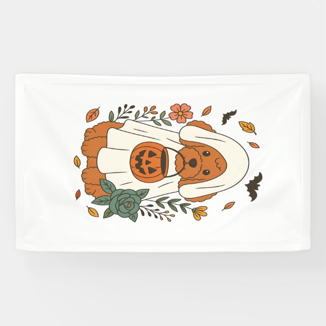 Lona Caniche de Halloween con flores de otoño (Horizontal)