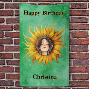 Lona Cara de niña feliz cumpleaños en girasol verde