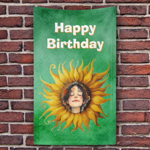 Lona Cara sonriente de niña en girasol de feliz cumplea