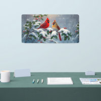 Cardenales rojos y acebo en la nieve