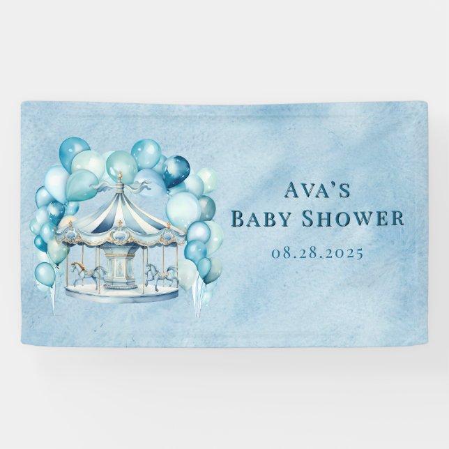 Lona Carrusel azul con Arch Balloons Boy Baby Shower (Horizontal)
