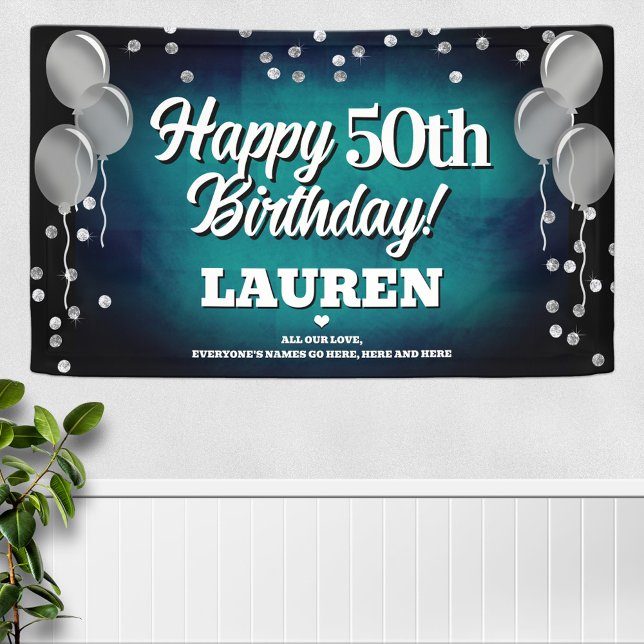 Lona Cartel Aqua Blue and Silver Happy Birday (Subido por el creador)