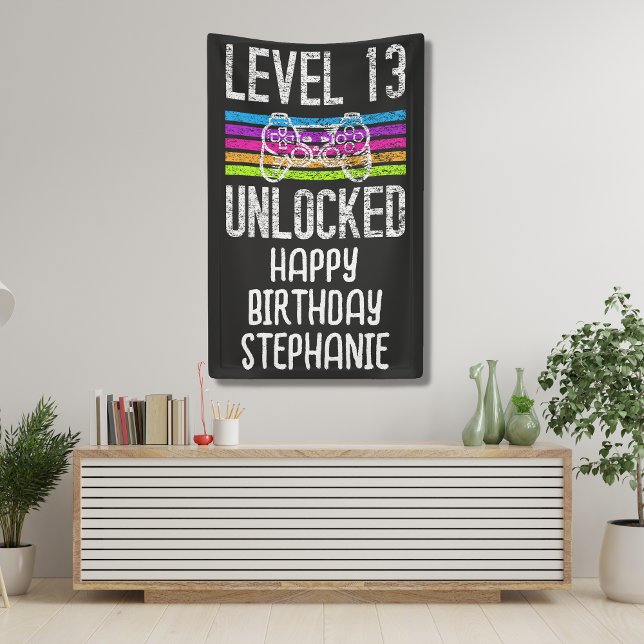 Lona Cartel de 13 años de nivel 13 desbloqueado (A fun video game banner for your child's 13th birthday.)