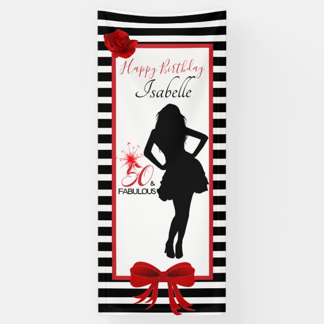 Lona Cartel de 50 y FABULOSO cumpleaños de franjas blan (Vertical)