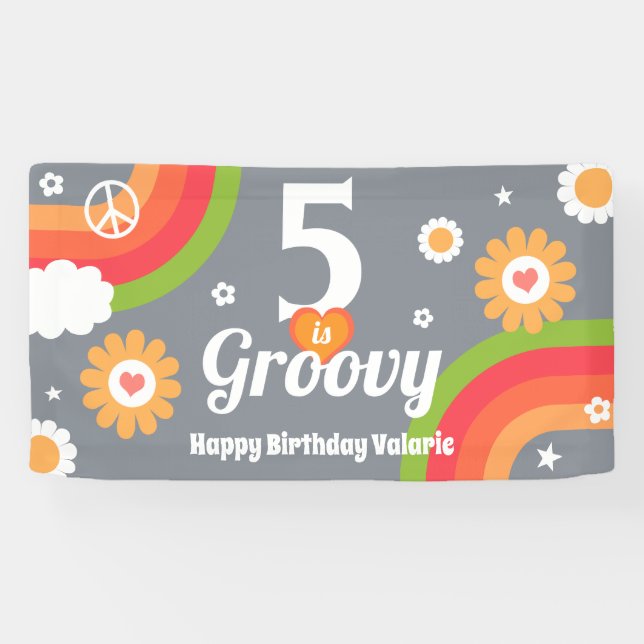 Lona Cartel de 5 cumpleaños de Retro Groovy (Horizontal)