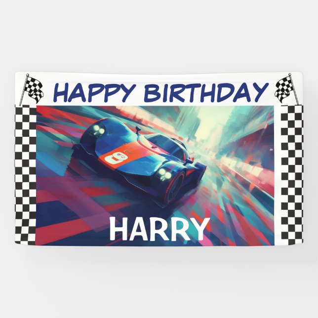 LONA CARTEL DE AUTOMÓVIL DE CARRERAS AZUL DE CUMPLEAÑOS (Horizontal)
