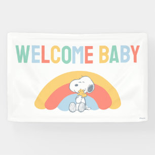 Lona Cartel de Baby Shower Arcoíris de Snoopy y Woodsto