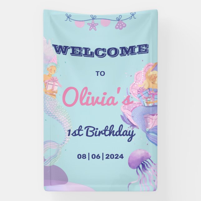 Lona Cartel de bienvenida a la sirena del primer cumple (Vertical)
