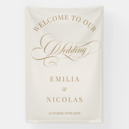 Lona Cartel de bienvenida de boda clásico beige y dorad