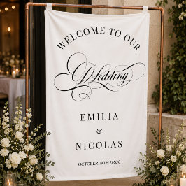 Lona Cartel de bienvenida de boda clásico blanco y negr