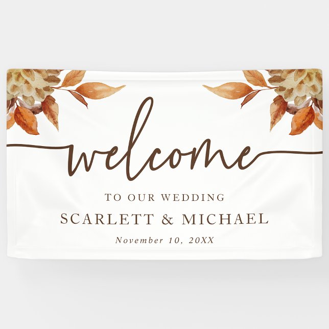 Lona Cartel de bienvenida de boda de otoño (White Fall Floral Welcome Sign Wedding Banner by Painted Paperie
)