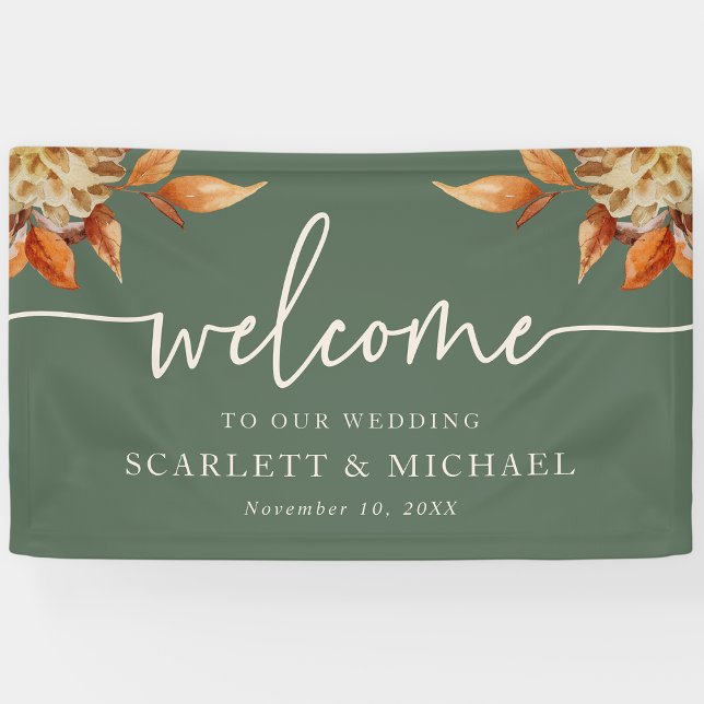 Lona Cartel de bienvenida de boda Otoño Rústico (Rustic Fall Floral Welcome Sign Wedding Banner by Painted Paperie
)